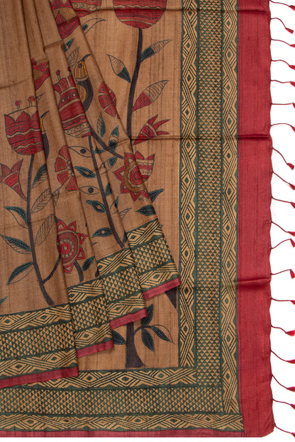 Tussar Printed And Embroidery Beige Saree