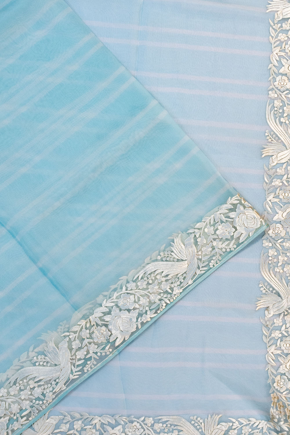 Organza Horizontal Lines Sky Blue Saree With Embroidery Border