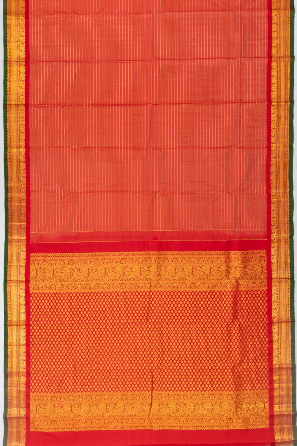 Classic Kanchipuram Silk Oosi Lines Dual Tone Red And Peach Saree