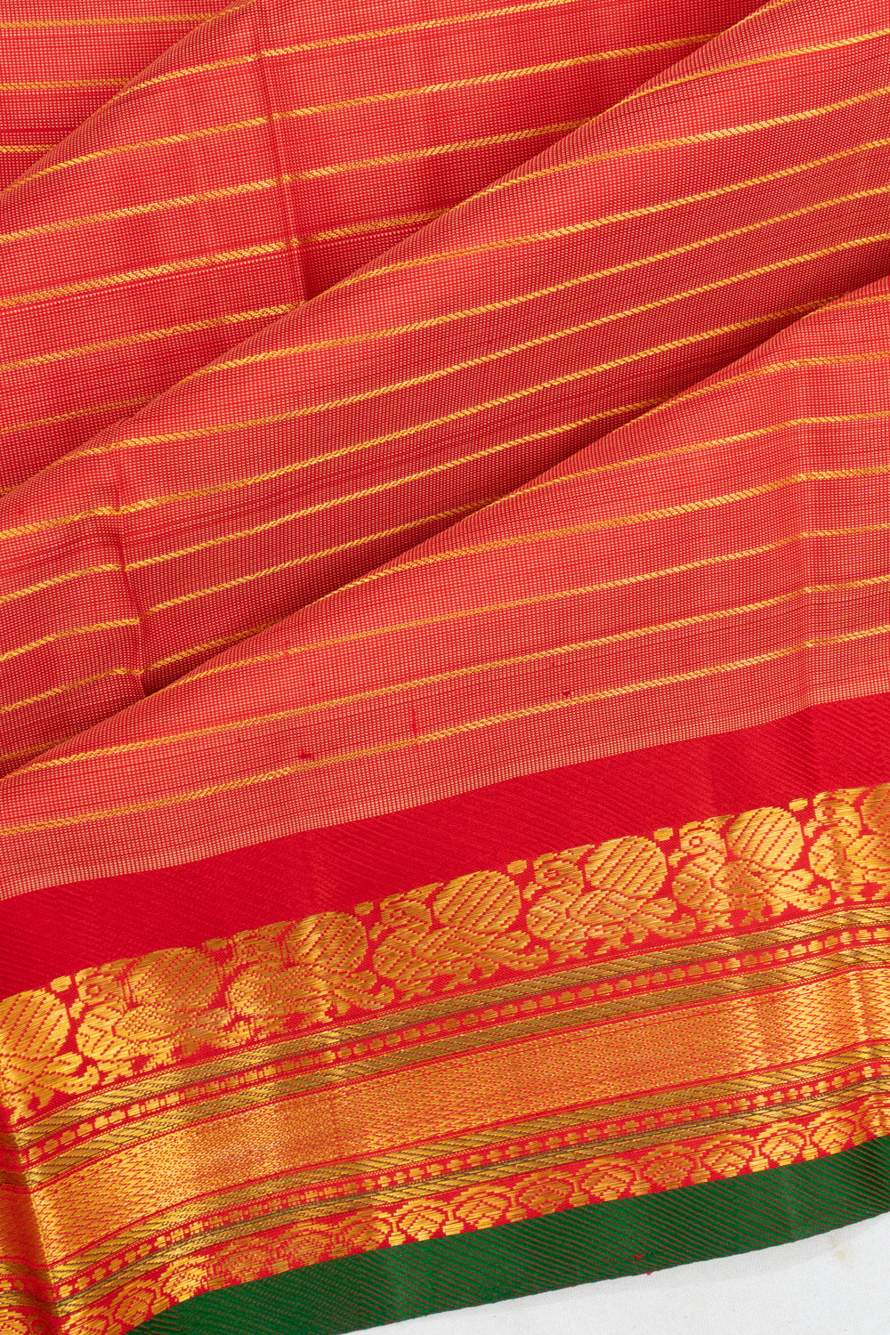 Classic Kanchipuram Silk Oosi Lines Dual Tone Red And Peach Saree