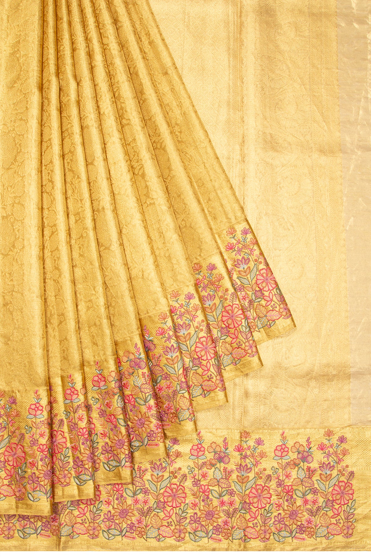 Kanchipuram Silk Tissue Brocade Gold Saree With Embroidery Border