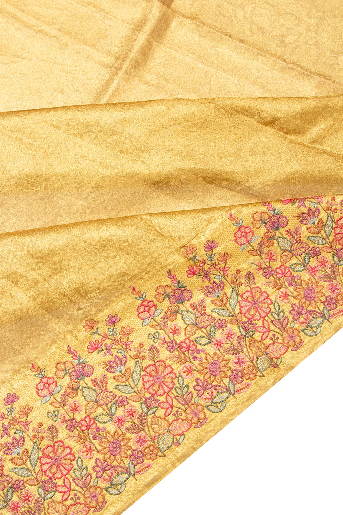 Kanchipuram Silk Tissue Brocade Gold Saree With Embroidery Border