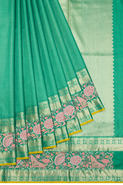 Kanchipuram Silk Checks Sea Green Saree With Embroidery Border