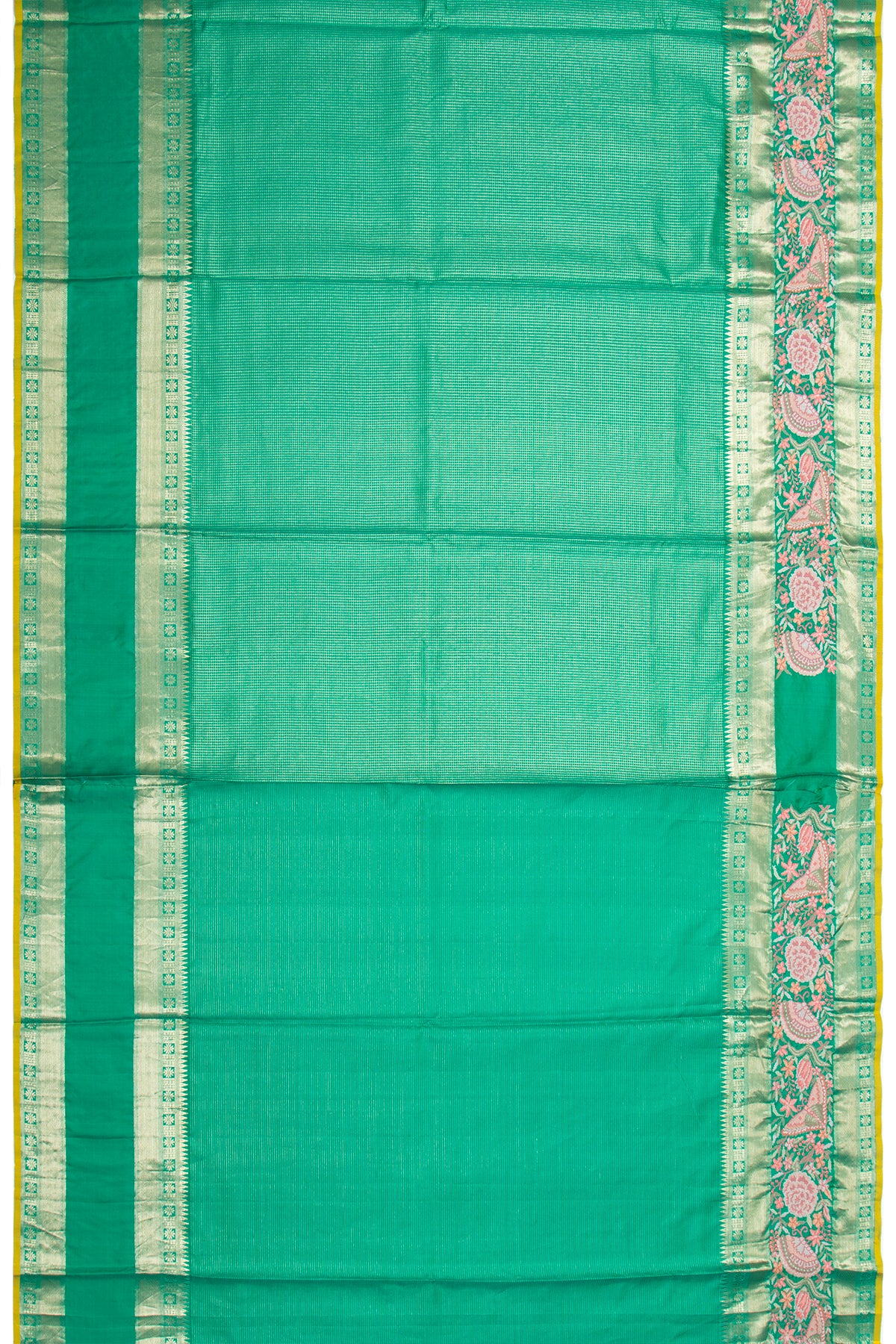 Kanchipuram Silk Checks Sea Green Saree With Embroidery Border