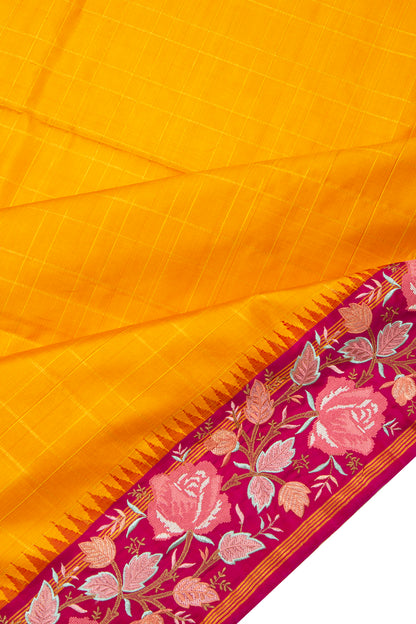 Kanchipuram Silk Checks Mustard Yellow Saree With Embroidery Border