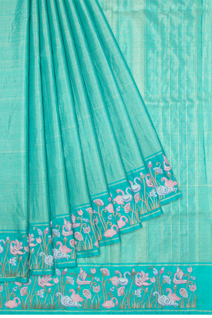 Kanchipuram Silk Oosi Lines Sky Blue Saree With Embroidery Border