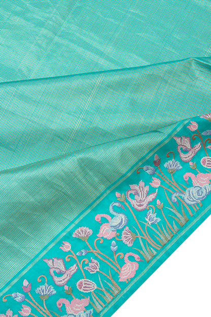 Kanchipuram Silk Oosi Lines Sky Blue Saree With Embroidery Border