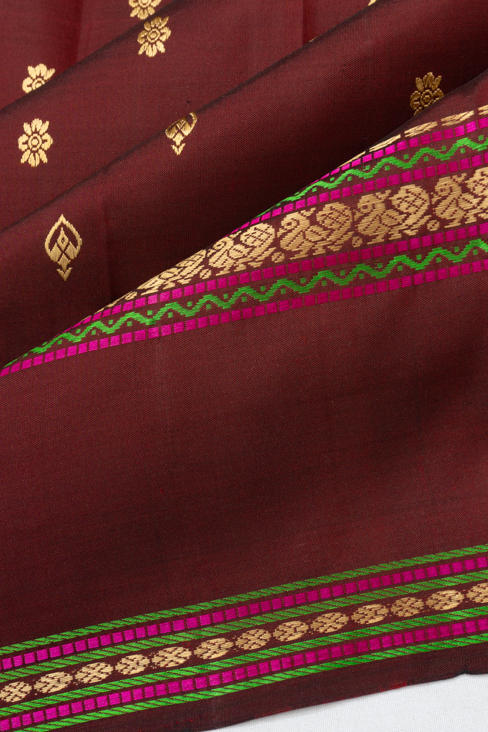 Classic Kanchipuram Silk Butta Brown Saree With Rettai Pettu Border