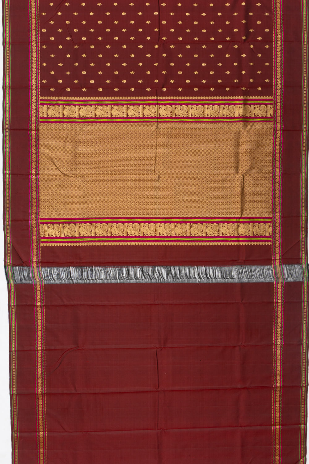 Classic Kanchipuram Silk Butta Brown Saree With Rettai Pettu Border