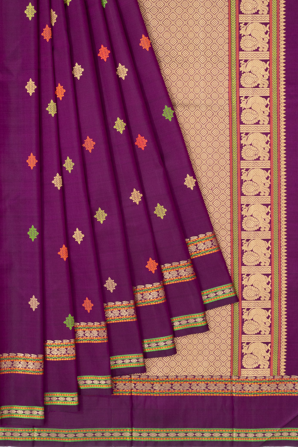 Classic Kanchipuram Silk Resham Butta Purple Saree With Rettai Pettu Border