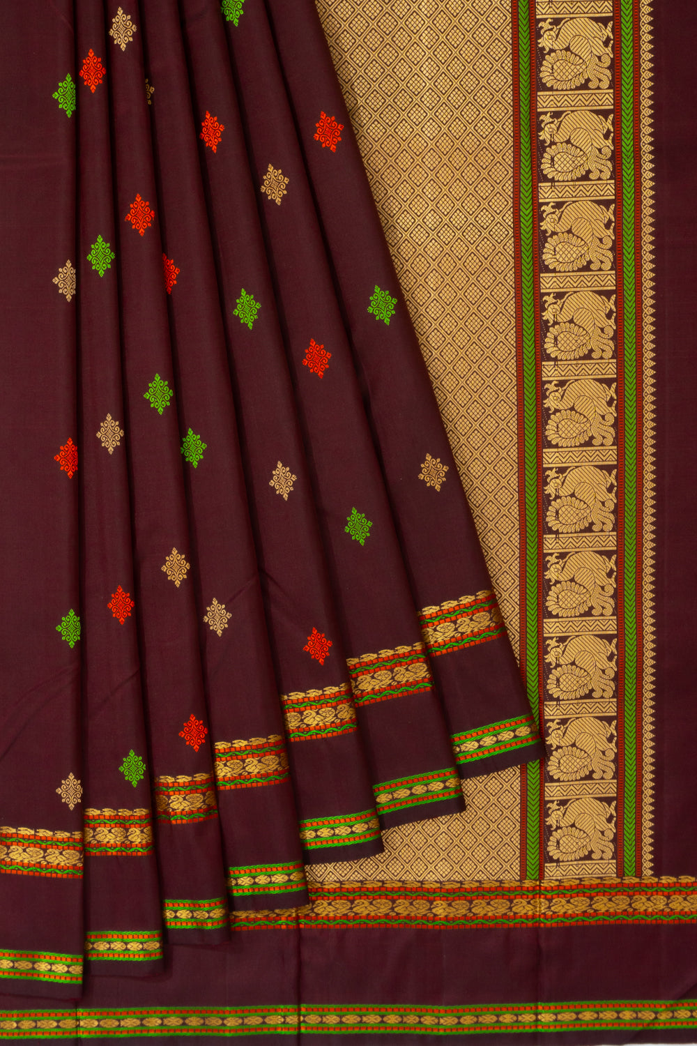 Classic Kanchipuram Silk Resham Butta Brown Saree With Rettai Pettu Border