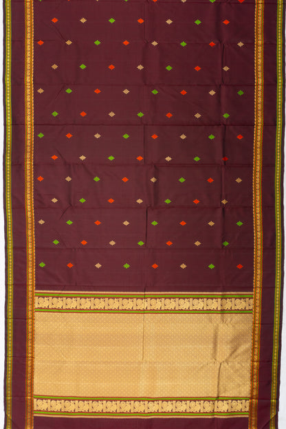 Classic Kanchipuram Silk Resham Butta Brown Saree With Rettai Pettu Border