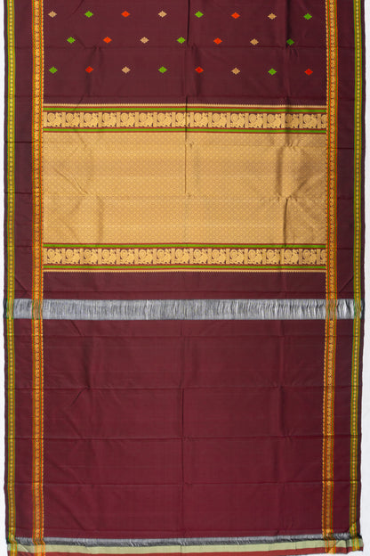 Classic Kanchipuram Silk Resham Butta Brown Saree With Rettai Pettu Border