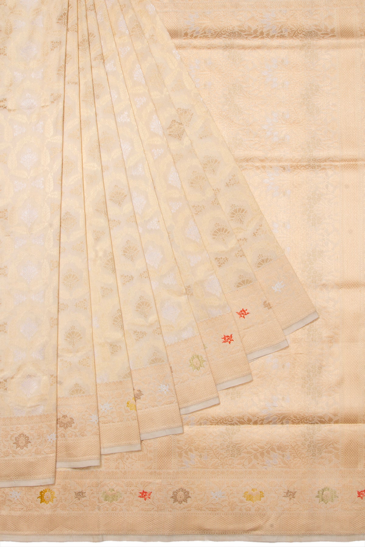 Banarasi Silk Jaal And Butta Cream Saree