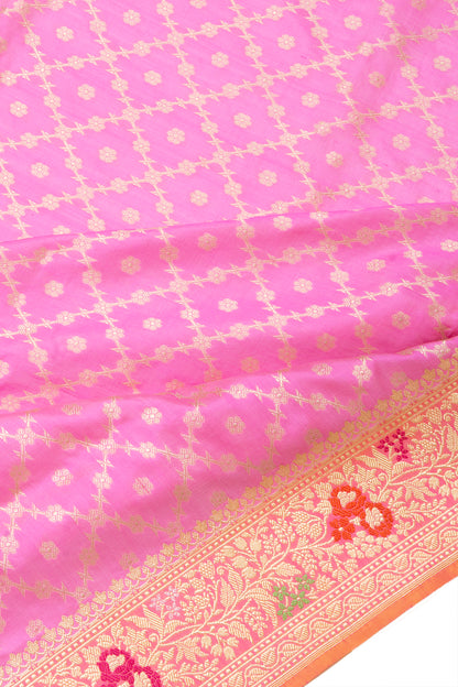 Banarasi Silk Criss Cross Checks And Butta Baby Pink Saree