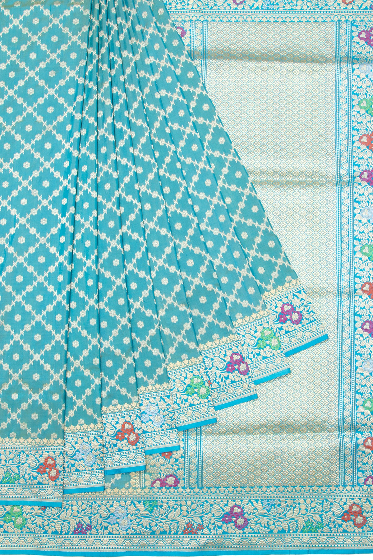 Banarasi Silk Criss Cross Checks And Butta Turquoise Blue Saree