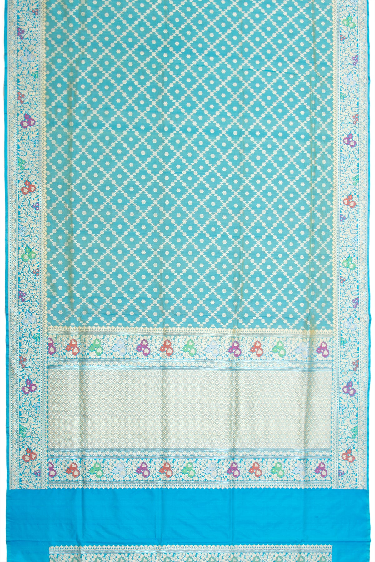 Banarasi Silk Criss Cross Checks And Butta Turquoise Blue Saree