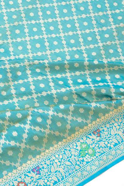 Banarasi Silk Criss Cross Checks And Butta Turquoise Blue Saree