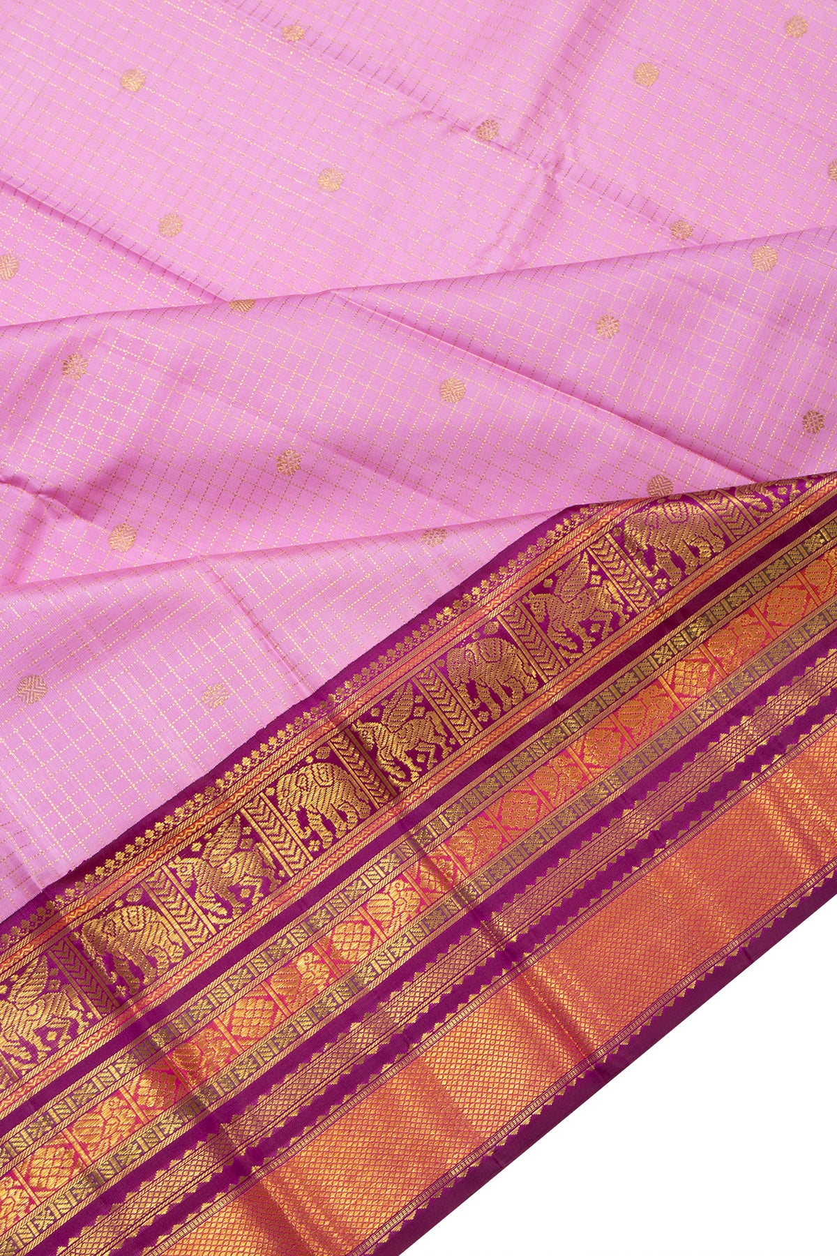 Kanchipuram Silk Checks And Butta Pink Saree