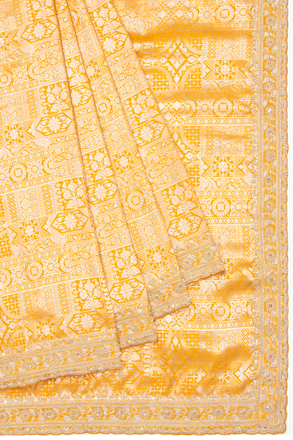 Banarasi Silk Brocade Yellow Saree With Embroidery Border