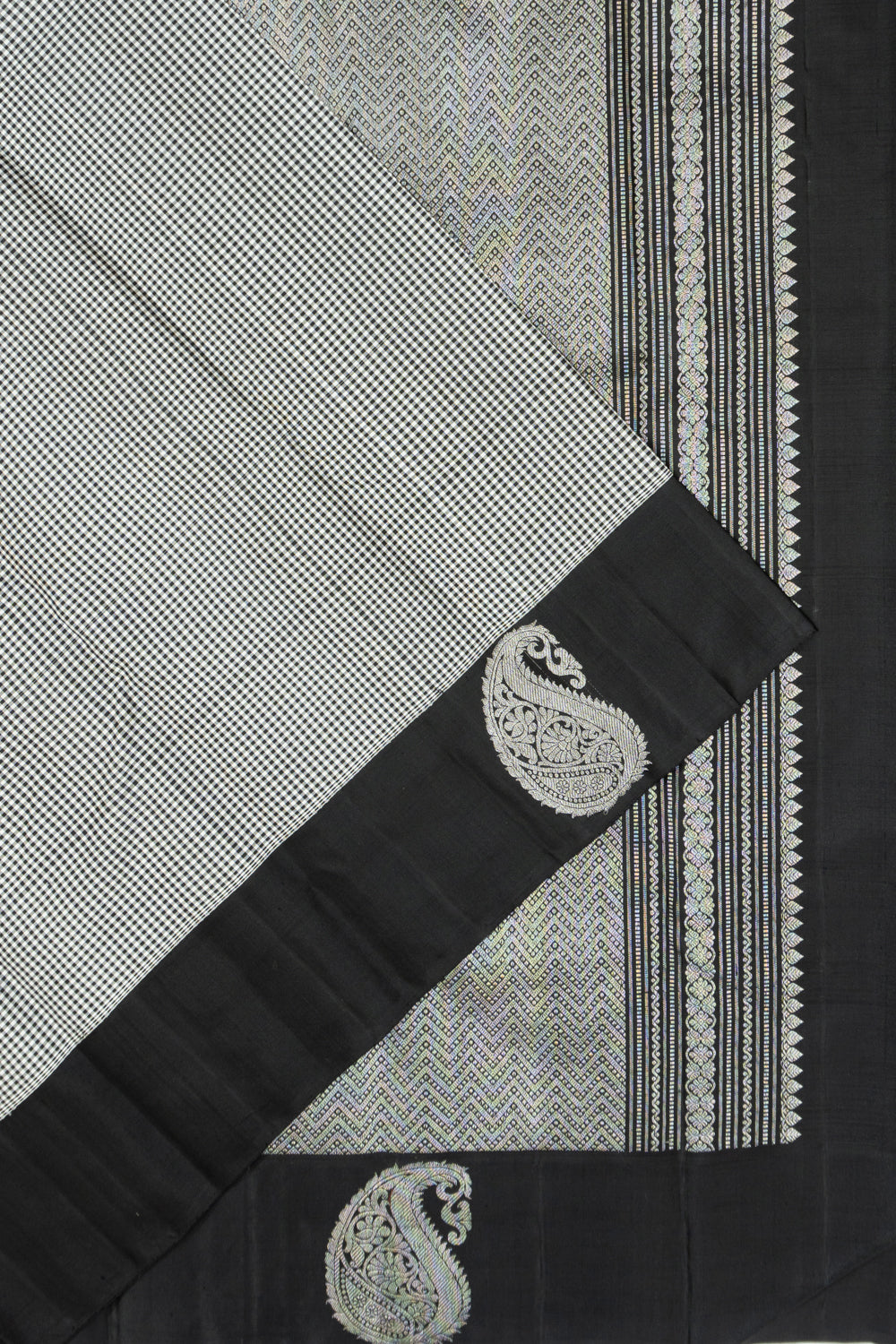 Classic Kanchipuram Silk Checks Black And White Saree