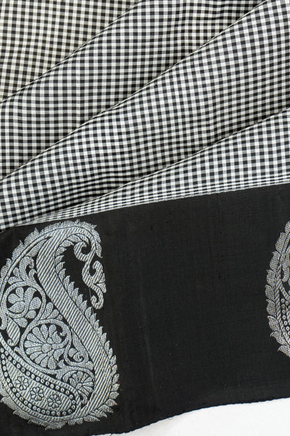 Classic Kanchipuram Silk Checks Black And White Saree