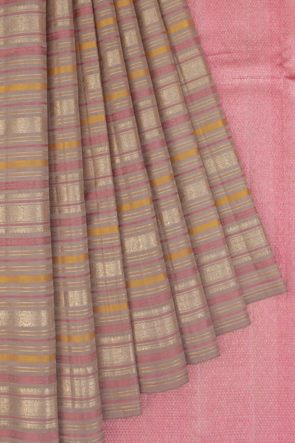 Classic Kanchipuram Silk Horizontal Lines Snuff Saree