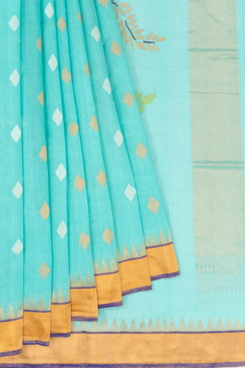 Handspun Cotton Butta Sky Blue Saree With Jamdani Pallu