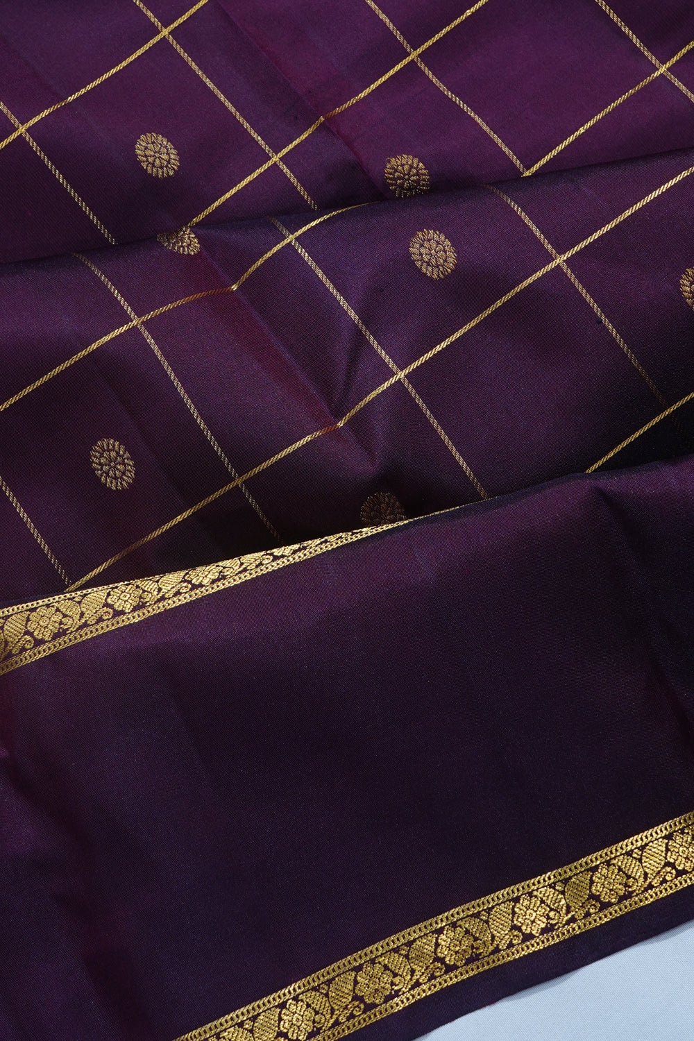 Kanchipuram Silk Checks And Butta Purple Saree