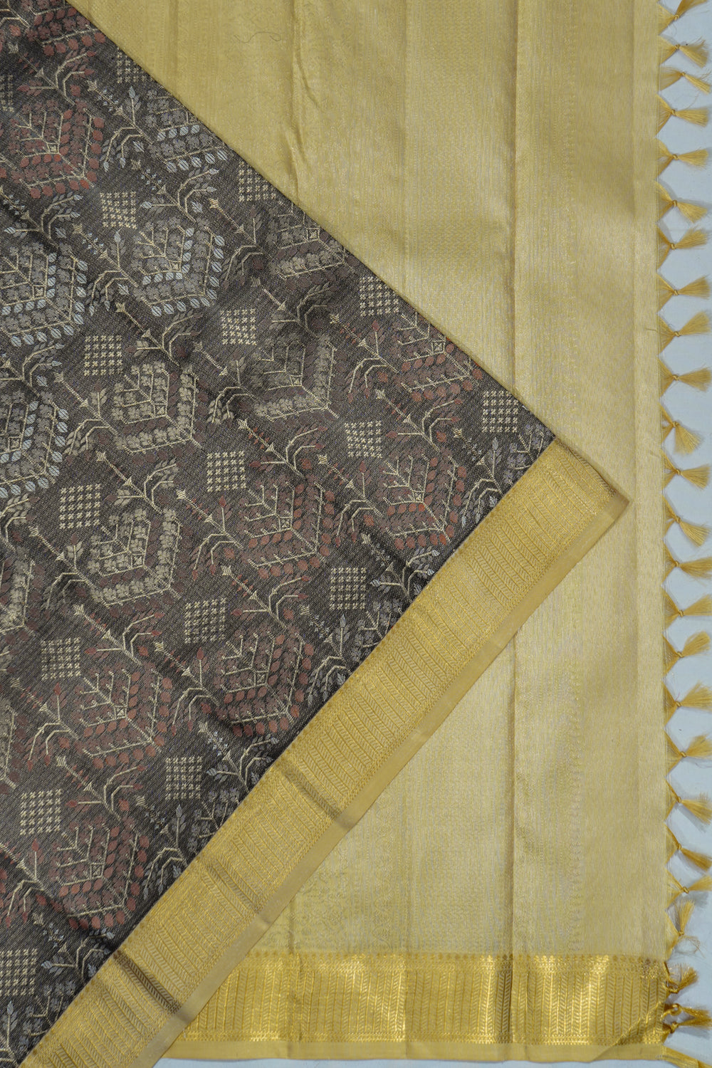 Kanchipuram Silk Tissue Brocade Grey Saree