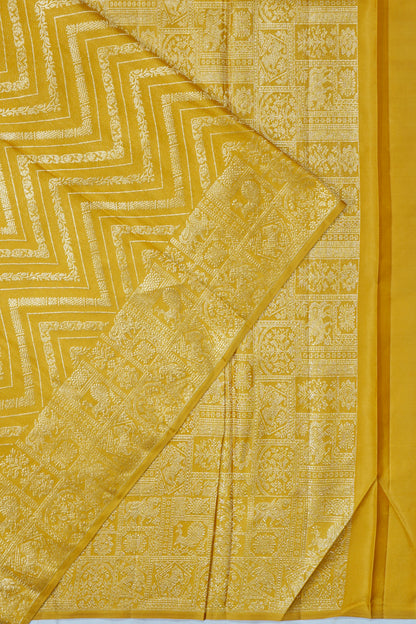 Kanchipuram Silk Zig Zag Lines Mustard Yellow Saree