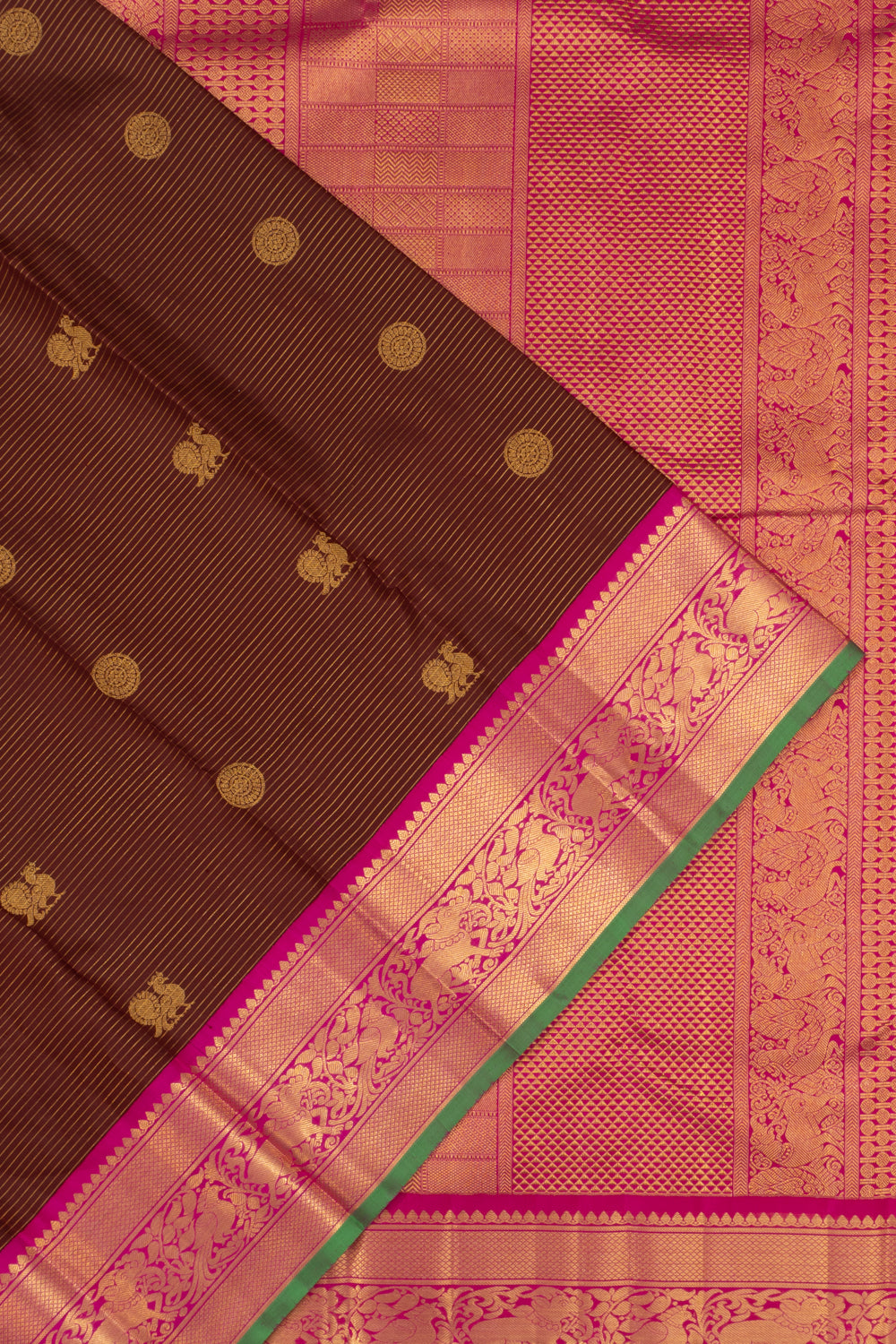 Kanchipuram Silk Oosi Lines And Butta Brown Saree