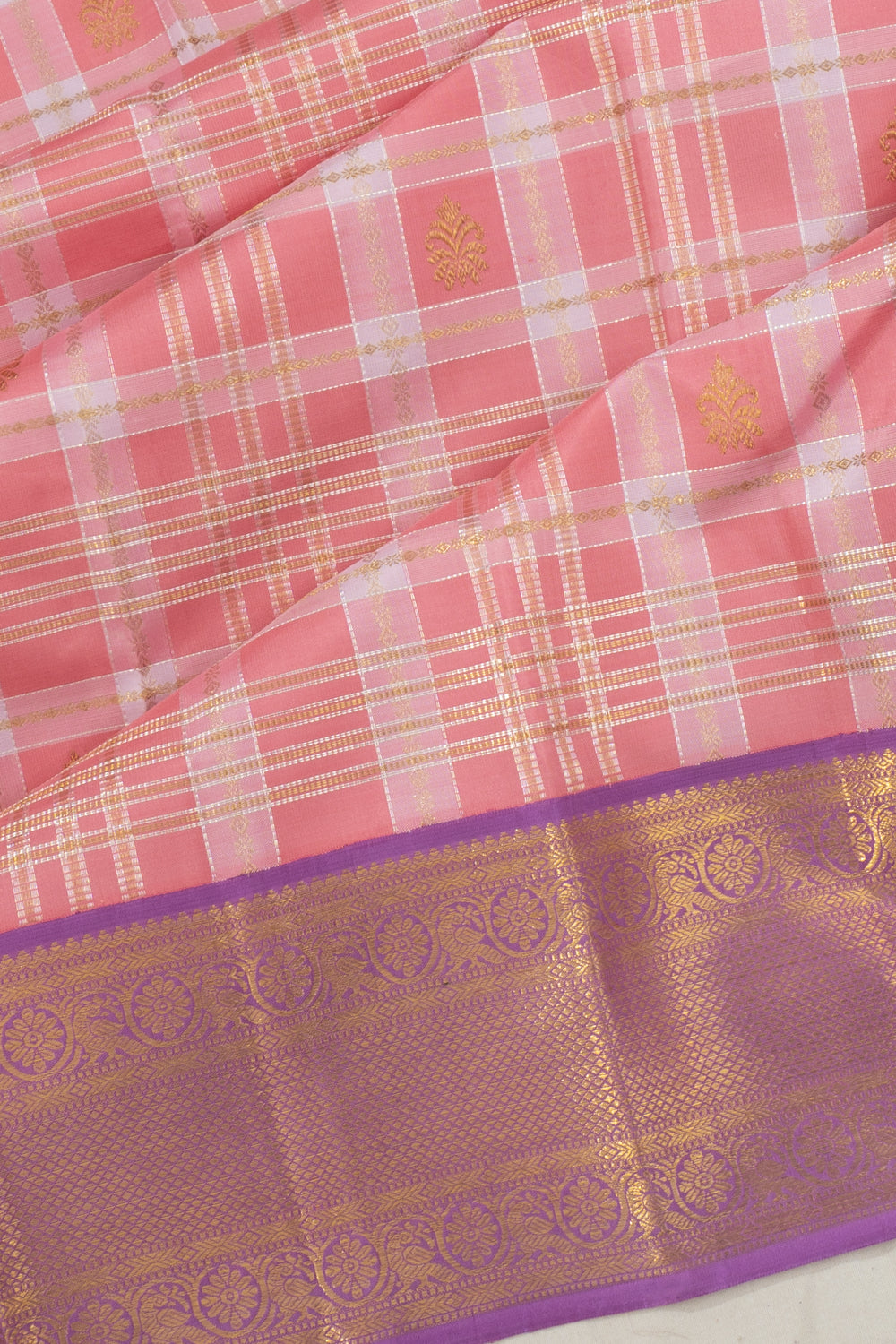 Classic Kanchipuram Silk Checks And Butta Pink Saree