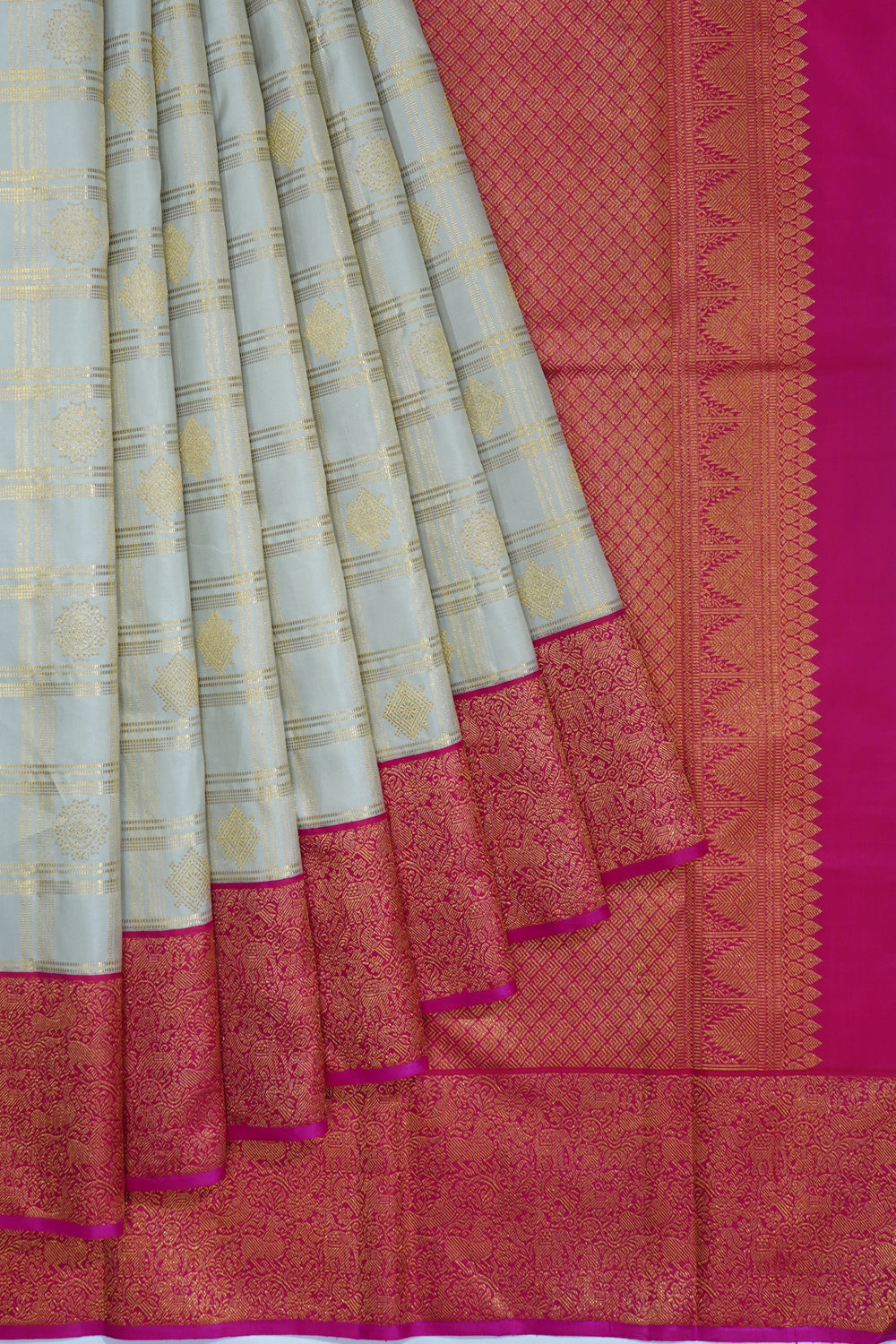 Kanchipuram Silk Checks And Butta Pastel Grey Saree