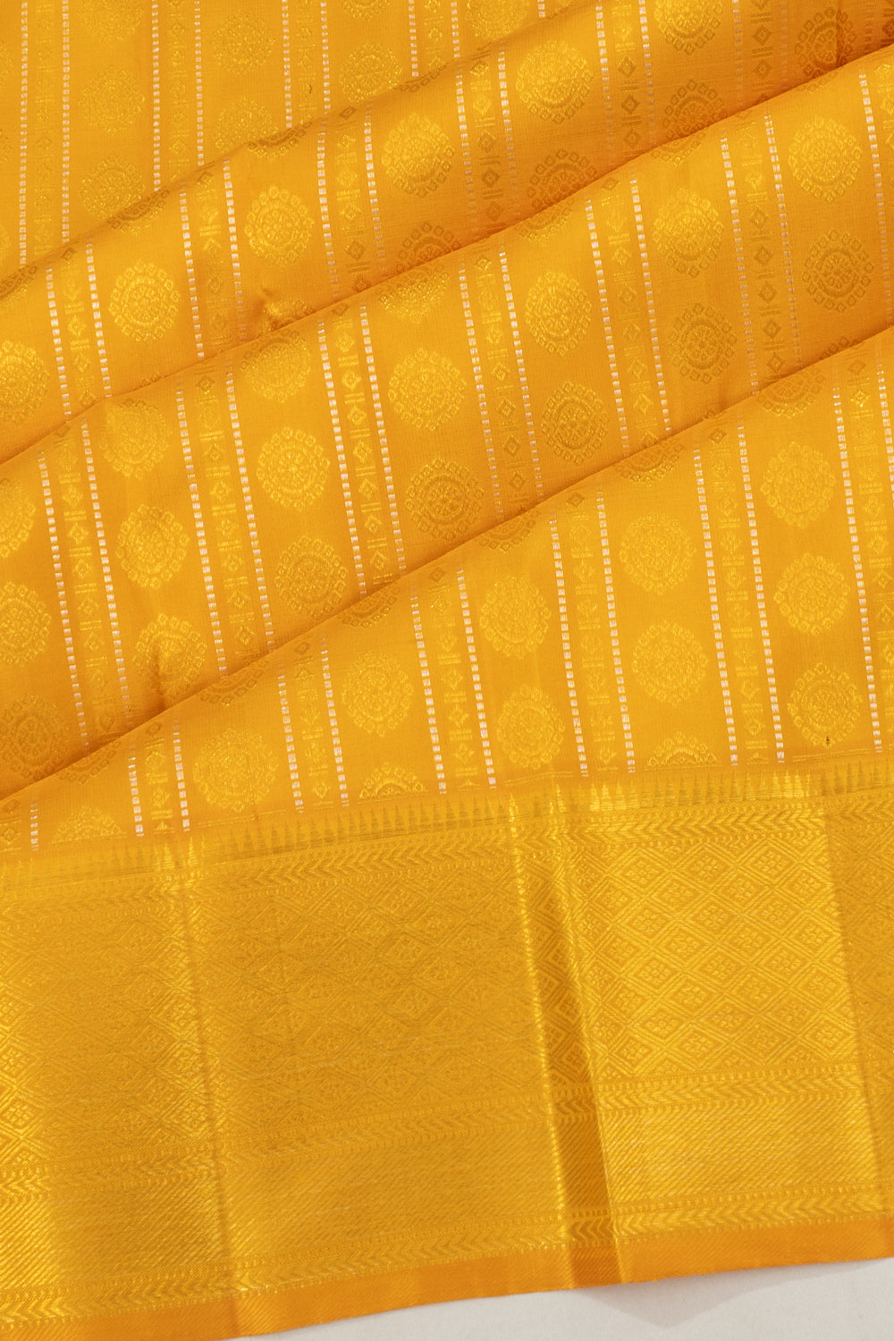 Kanchipuram Silk Lines And Butta Mustard Yellow Saree