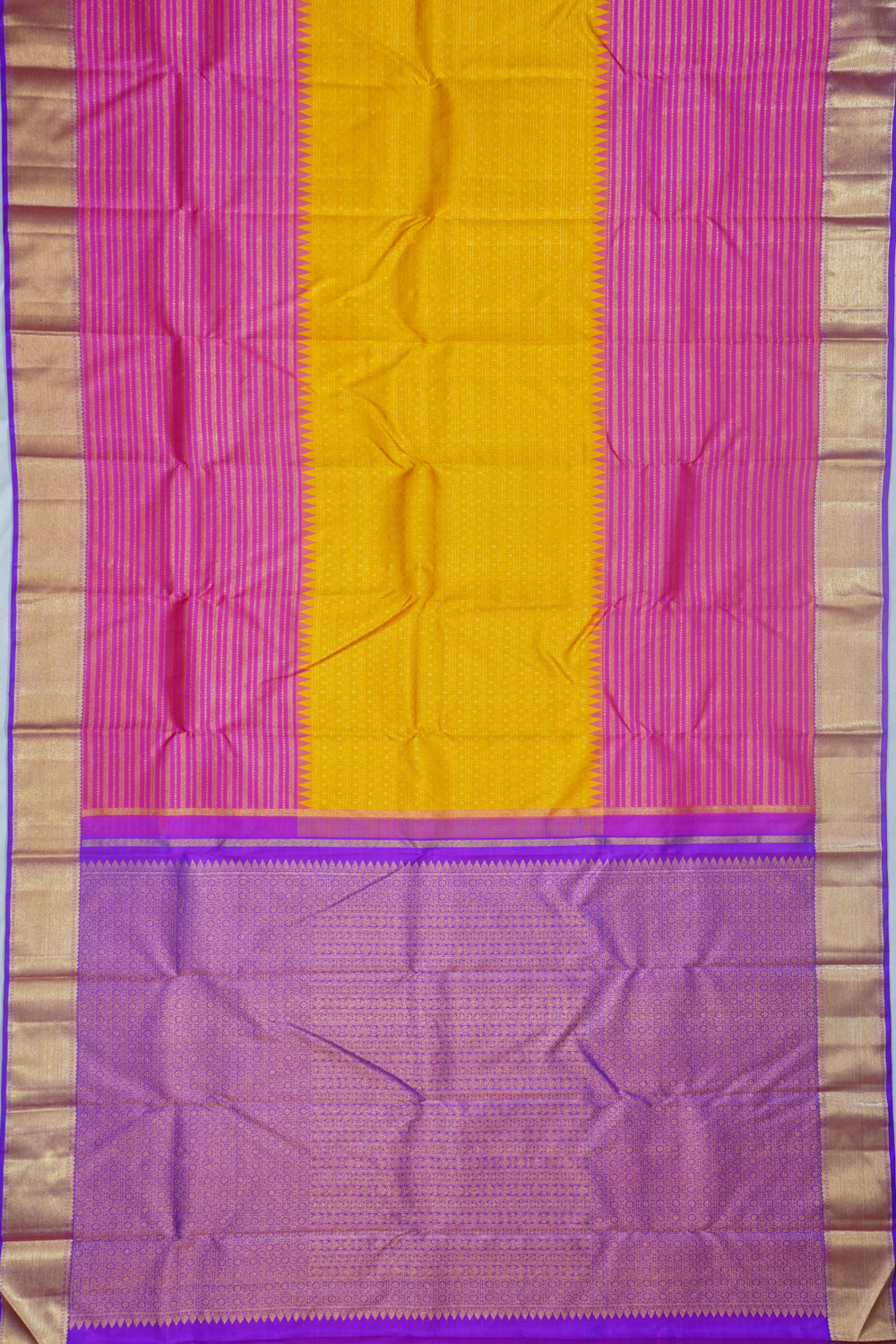 Kanchipuram Silk Checks And Butta Yellow And Pink Saree With Skirt Border