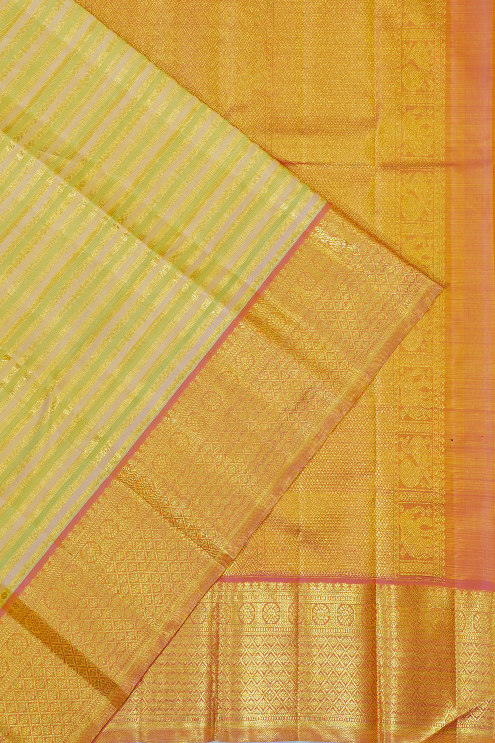 Kanchipuram Silk Horizontal Lines Peach And Green Saree