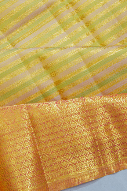 Kanchipuram Silk Horizontal Lines Peach And Green Saree