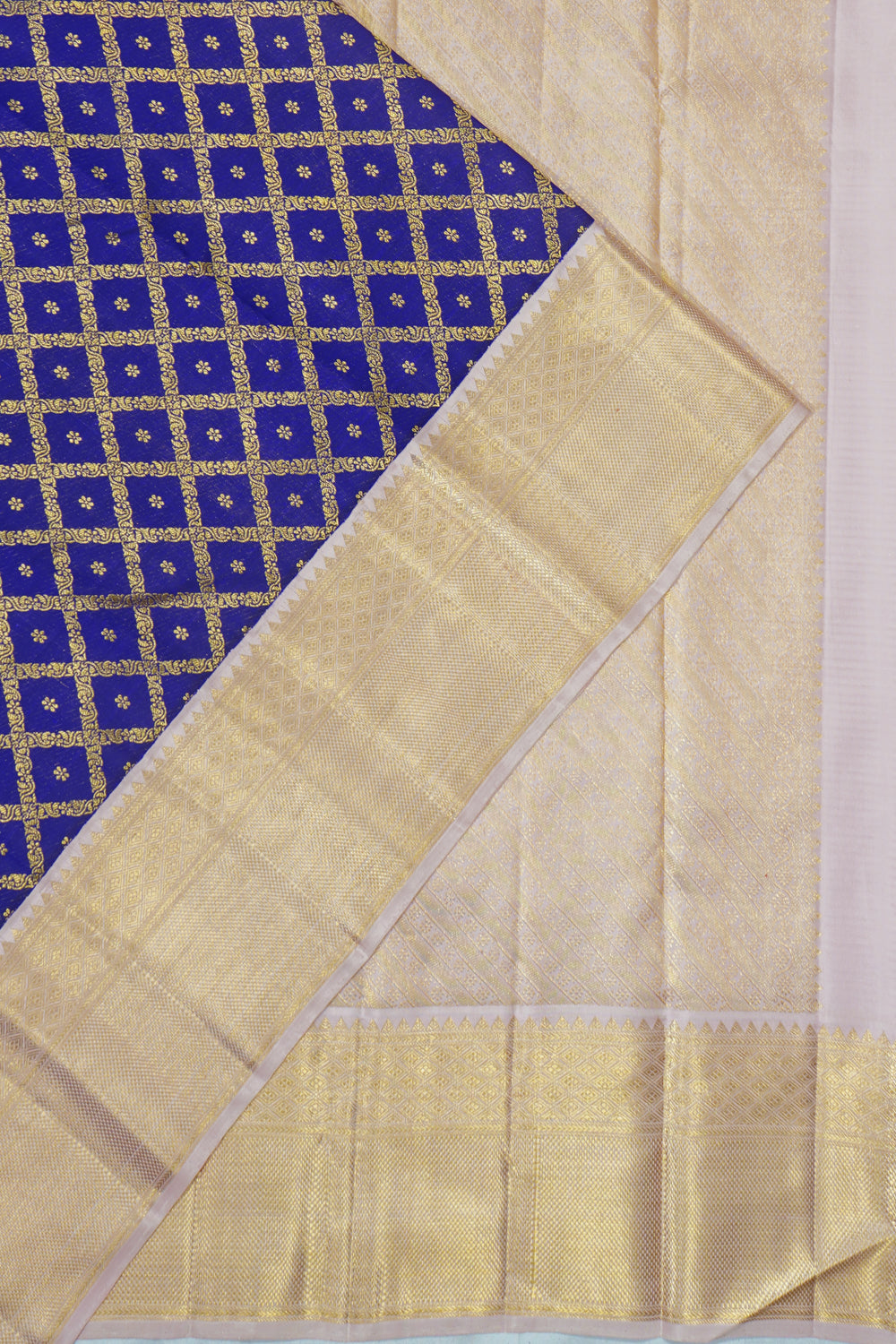 Kanchipuram Silk Criss Cross Checks And Butta Dark Blue Saree