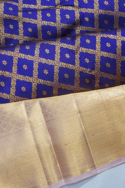 Kanchipuram Silk Criss Cross Checks And Butta Dark Blue Saree