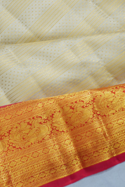 Kanchipuram Silk Horizontal Lines Cream Saree