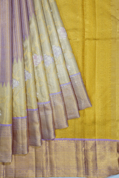 Kanchipuram Silk Tissue Jaal Gold Saree With Increasing Border