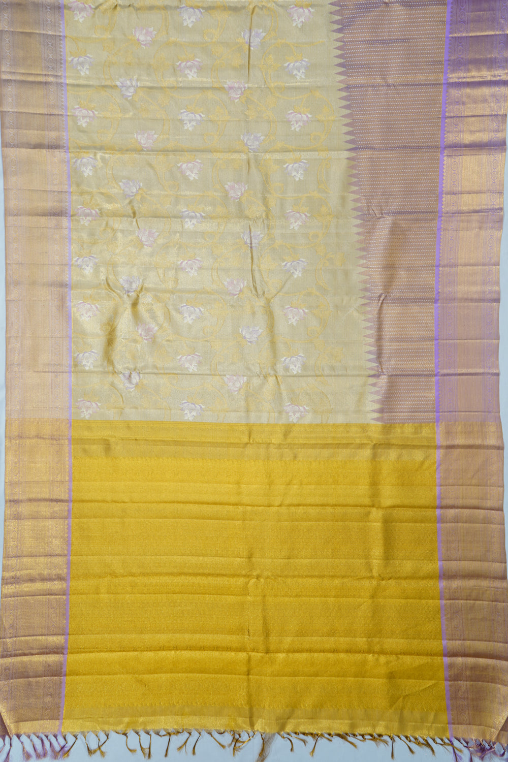 Kanchipuram Silk Tissue Jaal Gold Saree With Increasing Border