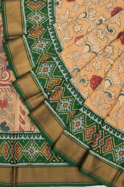 Tussar Kalamkari Hand Painted Cream Saree With Attached Ikat Border