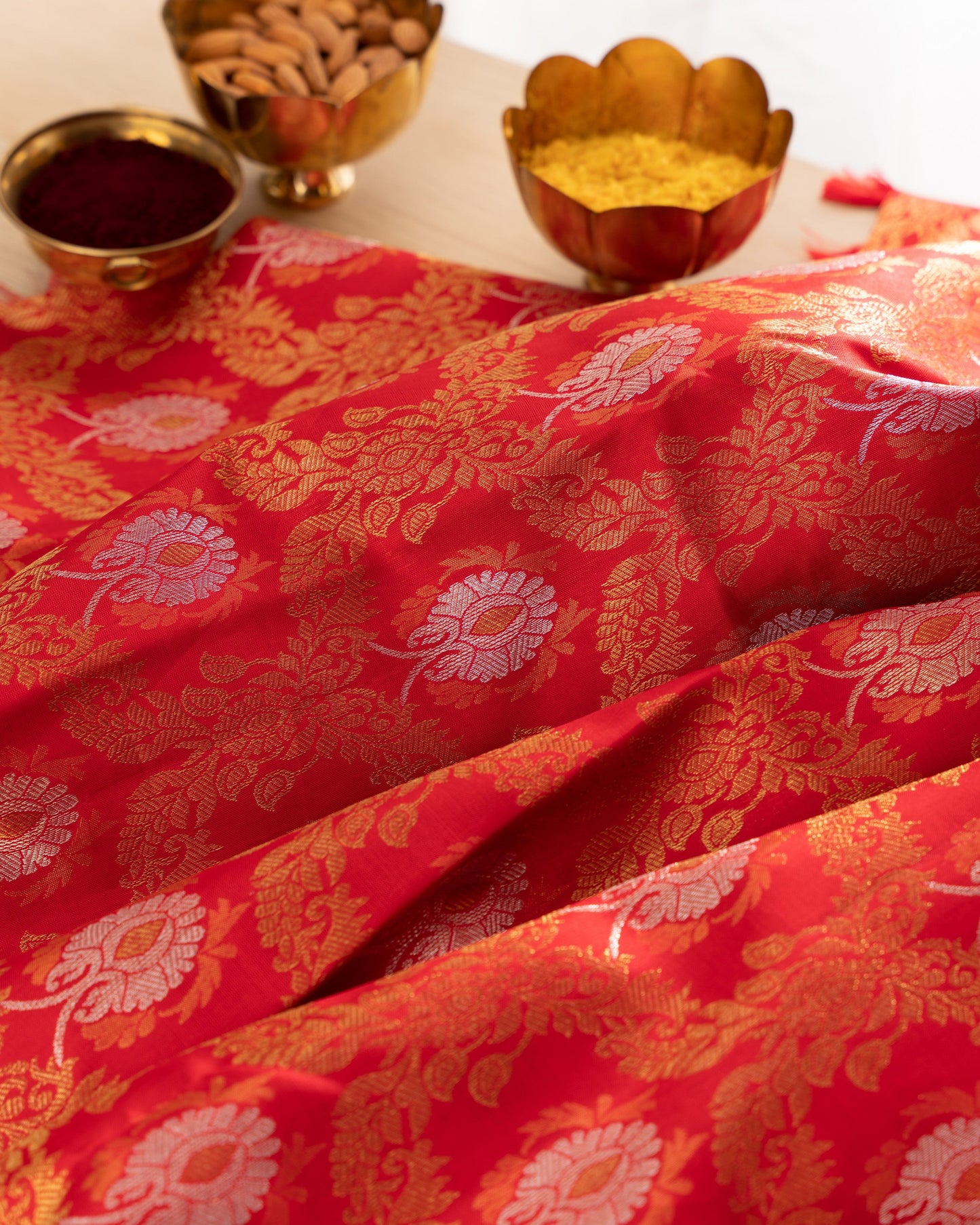 Kanchipuram Silk Jaal and Butta Red Saree