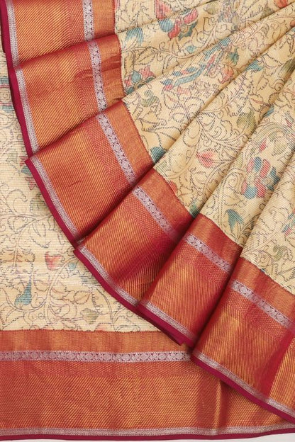 Kanchipuram Silk Printed Cream Saree