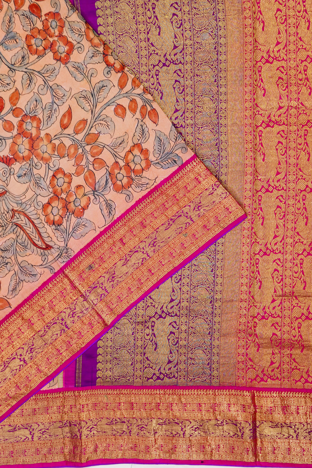 Kanchipuram Silk Handpainted Kalamkari Peach Saree