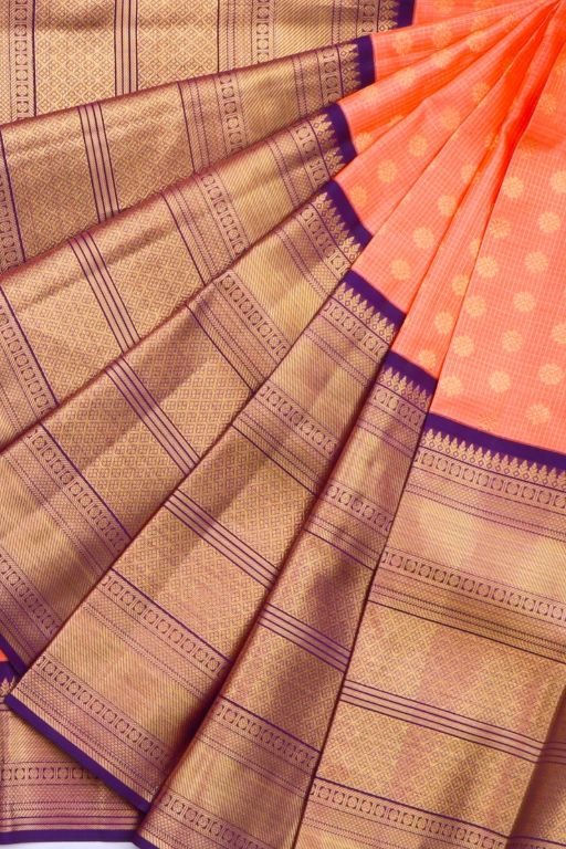 Kanchipuram Silk Checks And butta Pastel Orange Saree