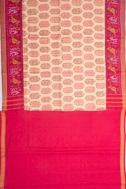 Semi Patan Patola Silk Printed Cream Saree With Attached Ikat Border