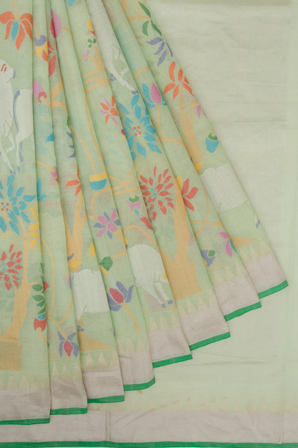 Ponduru Handspun Cotton All Over Jamdani Pastel Green Saree